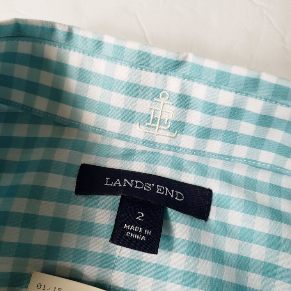 Lands' End Supima Cotton Aqua Gingham 3/4 Sleeve Button Up Shirt - Picture 5 of 11